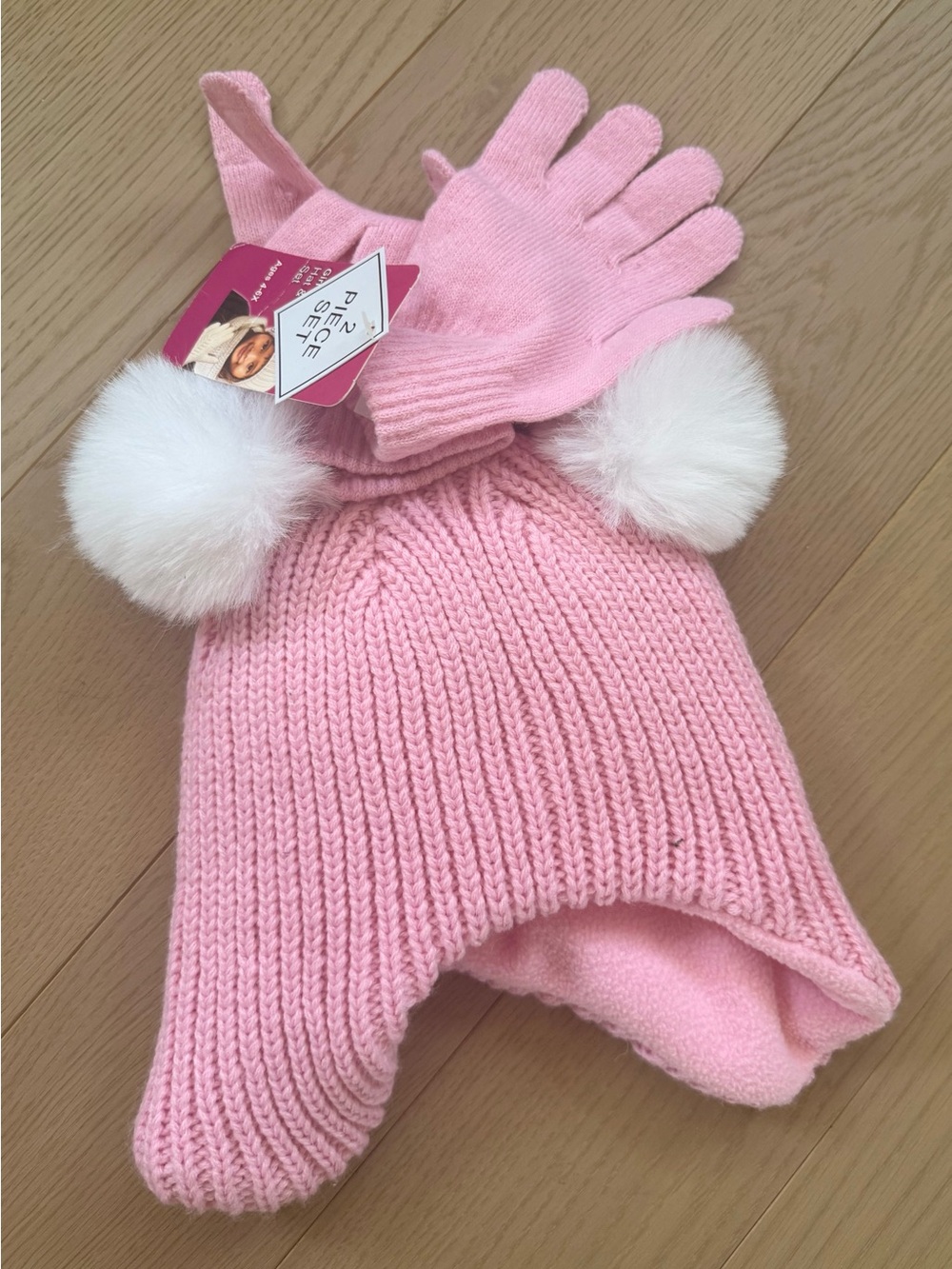 Kids Pink Pom Pom Knit Hat and Glove Set